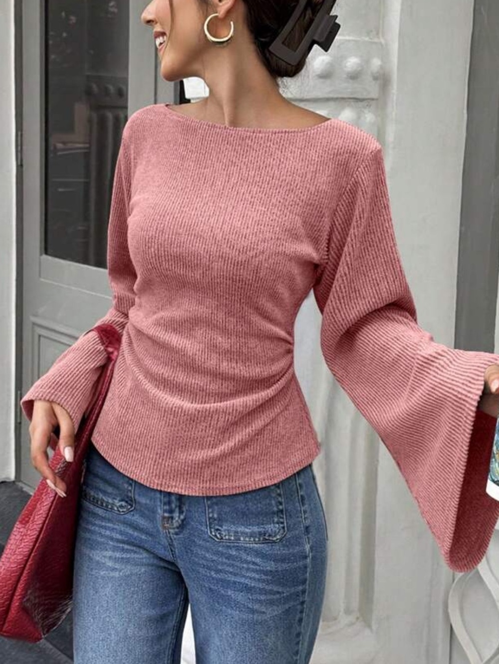 Women's Pink Bell-Sleeve Knit Sweater